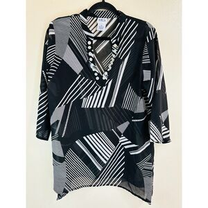 BFA Classic Women's Vintage Black/White Abstract Tunic Top Size 12 Semi-Sheer